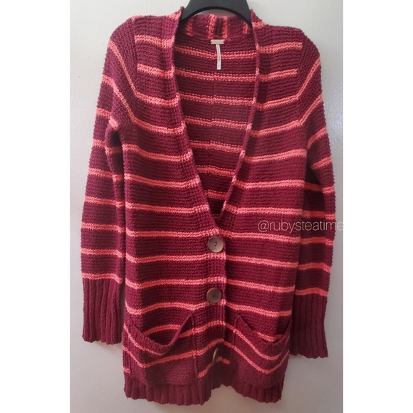 FREE PEOPLE BEACH - Long Cardigan, Stripe, Open Knit, Large Buttons - Picture 2 of 12